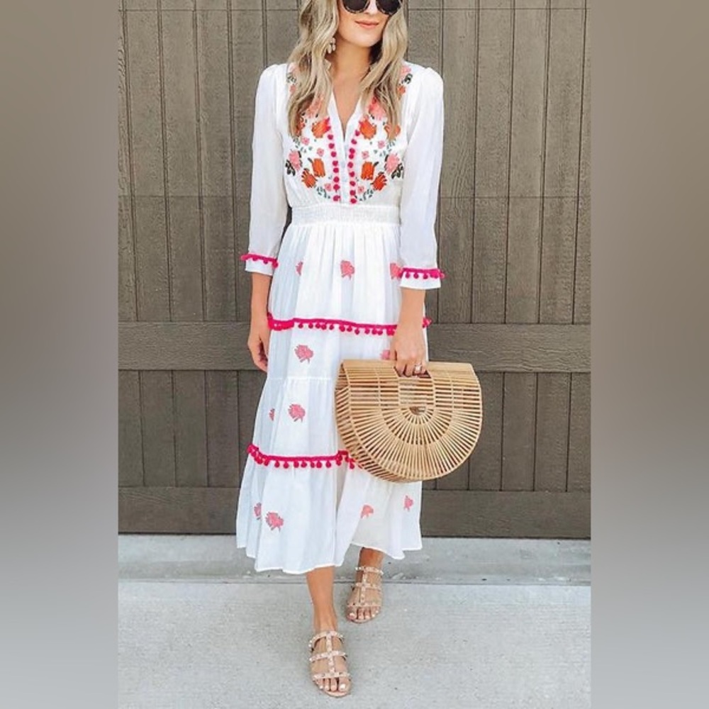 Chicwish White Embroidered Maxi Dress with Pink & Orange Accents